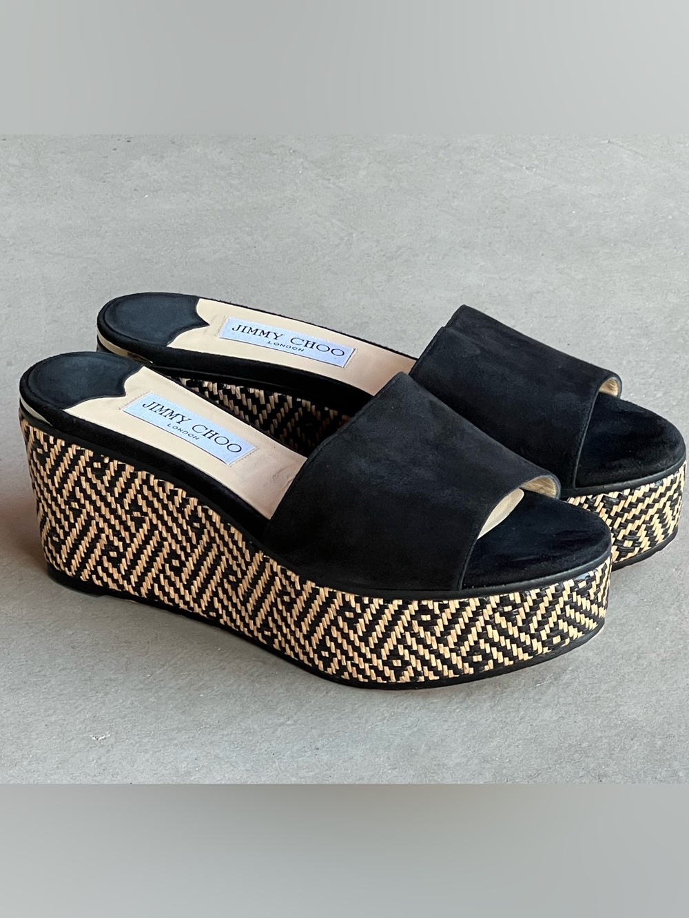 Jimmy Choo Deedee 80 Black Suede Chevron Raffia Platform Wedge Slides EU 38.5 - Picture 7 of 11